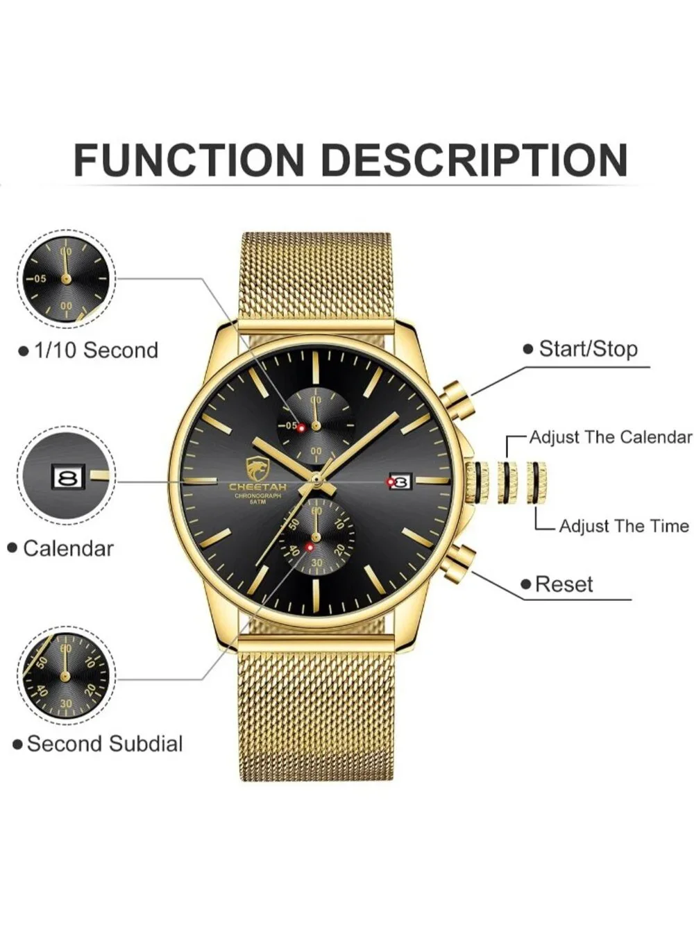 Men's Gold Black Mesh Stainless Steel Minimalist Quartz Analog Chronograph Watch